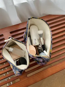 Floral print cosmetic bag detail showcasing large capacity and neat storage for makeup items.