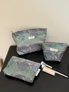 Chinese vintage style brocade peony makeup bag set portable cosmetic storage pouch for travel.