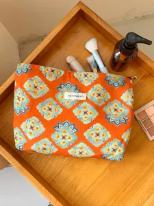 Portable ethnic style large capacity cosmetic bag travel makeup storage pouch handbag.