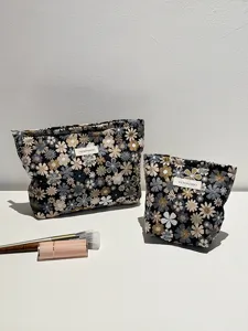 Floral jacquard cosmetic bag set, portable travel makeup pouch, cute toiletry organizer.