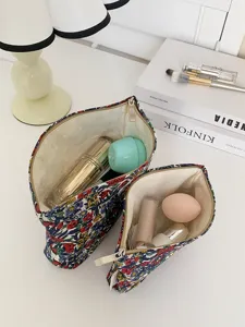 Vintage floral cosmetic bag set canvas toiletry pouch portable makeup organizer for travel