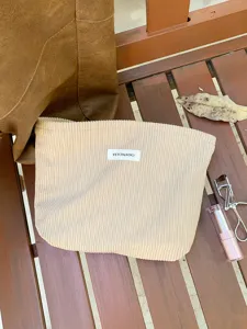 Beige corduroy makeup bag large capacity portable cosmetic pouch for women travel daily use