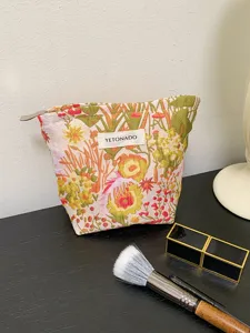 Floral canvas makeup bag large capacity zipper cosmetic pouch cute travel storage organizer for women