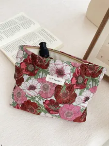 Floral jacquard cosmetic bag vintage style zipper makeup pouch portable toiletry organizer