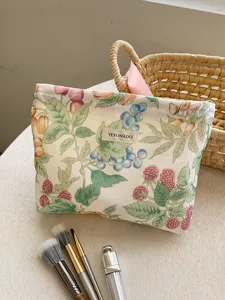 Sac de maquillage en coton floral grande capacité pochette cosmétique avec fermeture éclair
