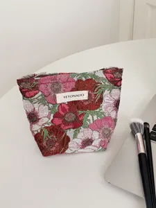 Floral jacquard cosmetic bag vintage makeup pouch portable storage bag for women daily essentials.