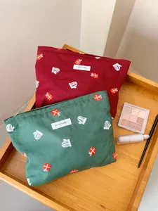 Christmas embroidered large capacity cosmetic bag canvas portable travel makeup storage pouch