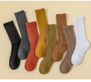 Women thick winter cotton crew socks solid ribbed high elastic warm thermal loop socks