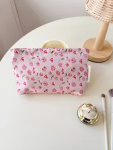Pink floral makeup bag portable cosmetic storage pouch cute toiletry organizer for women