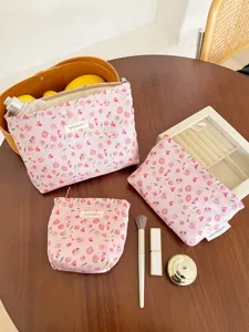 Korean style pink floral makeup bag set canvas cosmetic pouch travel toiletry organizer