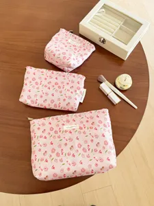 Korean style floral makeup bag set, portable cosmetic storage pouch for women daily use.
