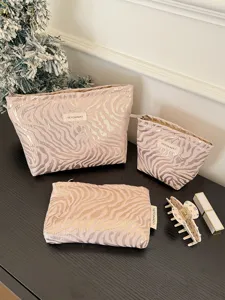 Large capacity cosmetic bag set, pink embossed stripe makeup organizer, portable travel wash bag.