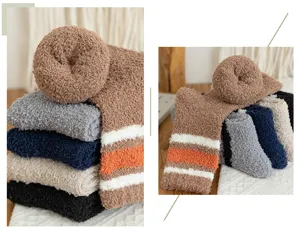 Cozy fuzzy plush winter socks for women and men, thick warm fleece sleep floor socks with stripes.