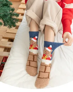 Cozy Christmas fuzzy socks with cute bear chimney design, thick winter home floor socks.