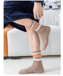 Men's winter warm coral fleece socks thick plush floor sleep socks with three stripes.