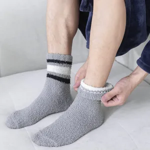 Men's winter thick coral fleece cozy sleep socks with three stripes grey fluffy home wear