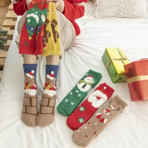 Thickened Coral Fleece Christmas Socks Cute Cartoon Santa Elk Tree Printed Winter Warm Sleep Floor Socks For Unisex