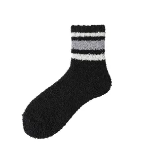 Winter thick fuzzy coral fleece crew socks with classic stripes for men and women, warm soft.