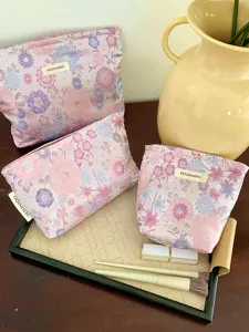 Floral jacquard cosmetic bag portable makeup pouch toiletry storage organizer for women.