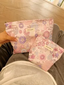 Floral brocade cosmetic bag set, portable zipper makeup organizer pouch for travel daily use.