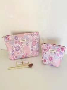 Pink floral cosmetic bag set portable makeup storage pouch cute toiletry bag for women travel