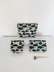 Mushroom print canvas cosmetic bag detail view, linen storage pouch for daily essentials.