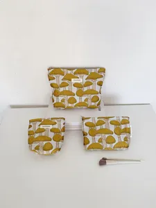 Ramie cotton linen mushroom embroidered cosmetic bag portable canvas storage pouch set