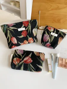 French Vintage Tulip Jacquard Cosmetic Bag Large Capacity Portable Travel Toiletry Organizer Clutch Makeup Bag