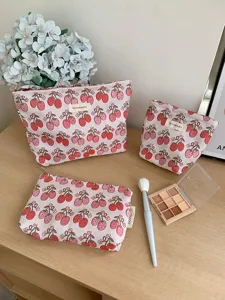 Cute Strawberry Print Cosmetic Bag Large Capacity Portable Makeup Pouch Travel Storage Organizer Clutch Purse for Women