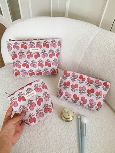 Cute strawberry print cosmetic bag set, large capacity portable makeup organizer pouch for travel.