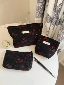 Woven rose cosmetic bag set, large capacity multi-size pouch for daily travel and storage.