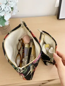 Detail view of vintage tulip jacquard cosmetic bag showing spacious interior capacity.