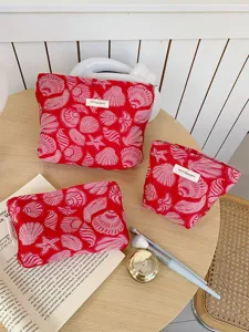 Red shell print cosmetic bag set large capacity travel toiletry pouch cute makeup organizer