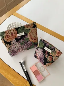 Detailed shot of vintage floral tapestry makeup bags set, premium large capacity cosmetic pouch.