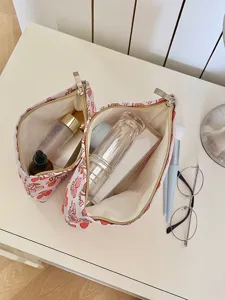 Cute strawberry print cosmetic bag, large capacity portable makeup organizer pouch for travel.