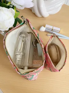 Floral Embroidered Cosmetic Bag Set Portable Fabric Makeup Pouch Travel Storage Organizer