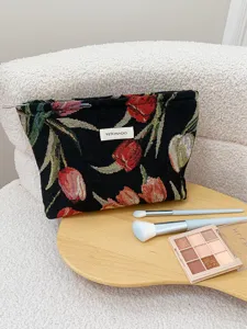 French vintage tulip jacquard cosmetic bag large capacity portable travel makeup storage pouch