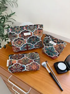 Vintage woven cosmetic bag set large capacity portable travel organizer toiletry pouch
