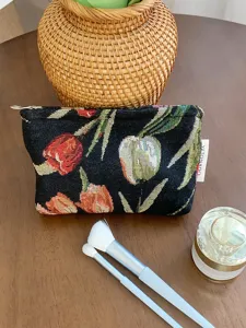 French vintage tulip jacquard cosmetic bag large capacity portable travel storage pouch