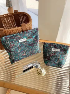 Detail view of Chinese brocade cosmetic pouch with dragon pattern, elegant travel organizer.