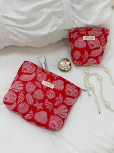Red shell pattern cosmetic bag large capacity portable makeup pouch for travel daily use.