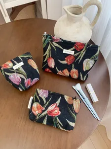 French vintage tulip jacquard cosmetic bag large capacity makeup storage pouch set detail view