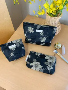 Schwarze Kosmetiktasche Set mit Blumenmuster, große Kapazität Reißverschluss Make-up Beutel.