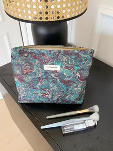 Large capacity dragon pattern cosmetic bag detail showing traditional brocade fabric and zipper.