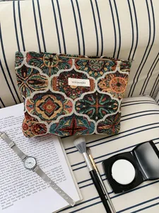 Vintage large capacity cosmetic bag travel toiletry and makeup storage pouch detail view.
