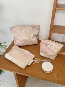 Floral jacquard cosmetic bag set large capacity makeup pouch portable organizer cute style