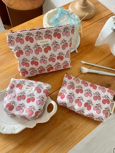 Cute strawberry print cosmetic bag set, canvas makeup pouch for daily storage bag.