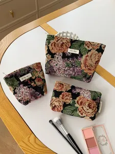 Vintage floral embroidered cosmetic bag set, large capacity portable makeup pouch organizer.
