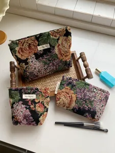 Vintage floral embroidered cosmetic bag set, large capacity makeup pouch and toiletry organizer view.