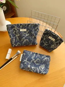 Floral denim cosmetic bag set, large capacity portable makeup organizer and storage pouch for travel.